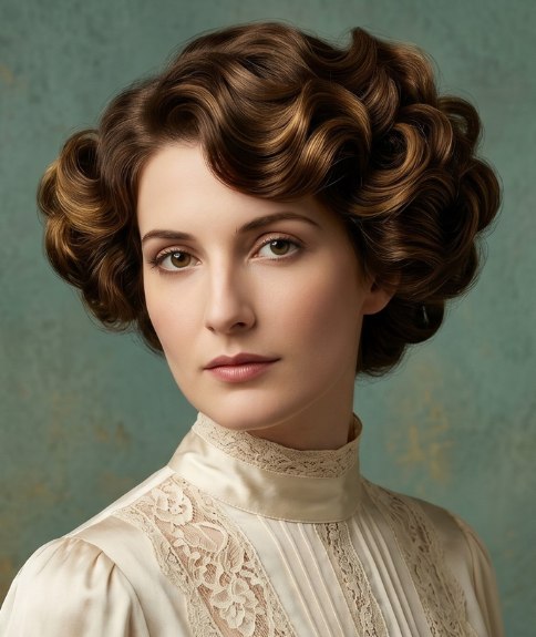 Haar gestyled in een Edwardiaans opgestoken kapsel