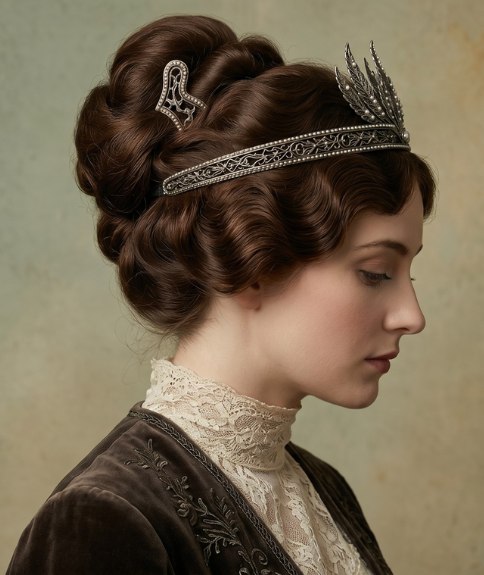 Opsteekkapsel uit de jaren 1910 met een tiara