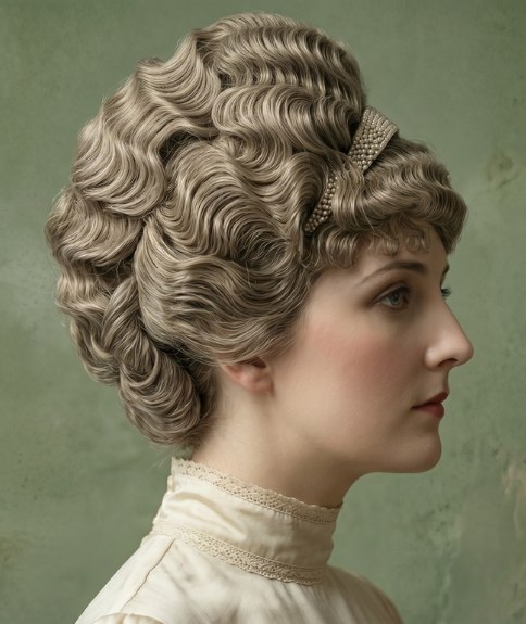 Blond haar in een volumineus opsteekkapsel met krullen en golven