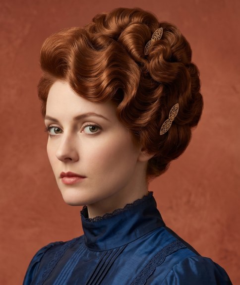 Gedurfd opgestoken kapsel uit 1914 met koperrood haar