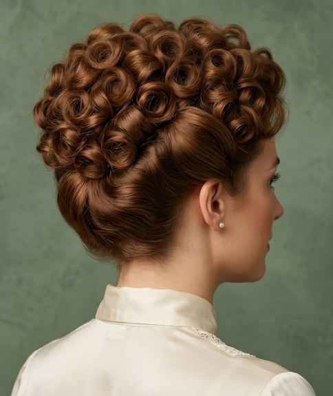 Vintage opgestoken kapsel uit 1914 met perfecte krullen