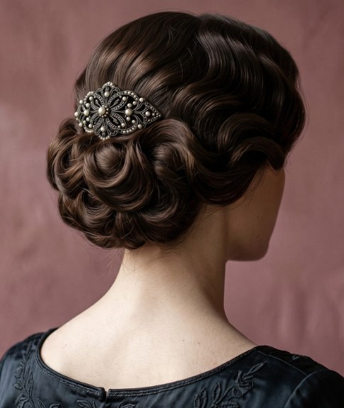 Elegante chignon met donker haar en gladde golven