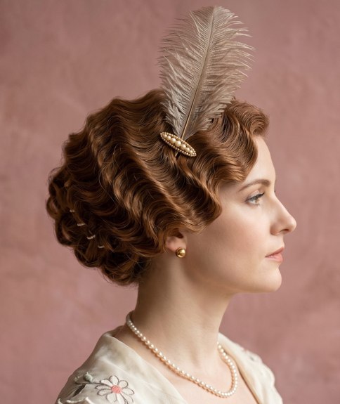 Golvend haar uit de jaren 1910, versierd met een veer