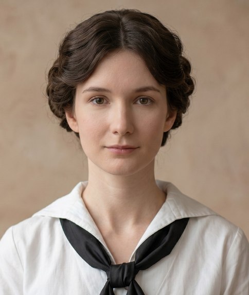 1919-kapsel met een knot, matrozenblouse en sjaal