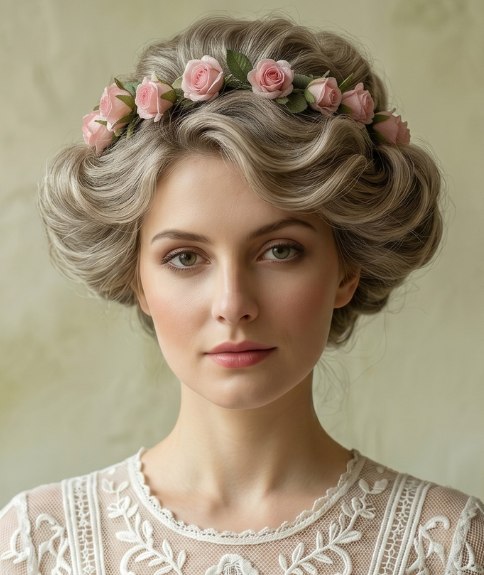 Kapsel uit 1919 met een krans van kleine roze rozen