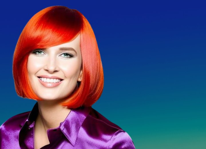 Vrouw met een bob in een oranje haarkleur en een paarse blouse