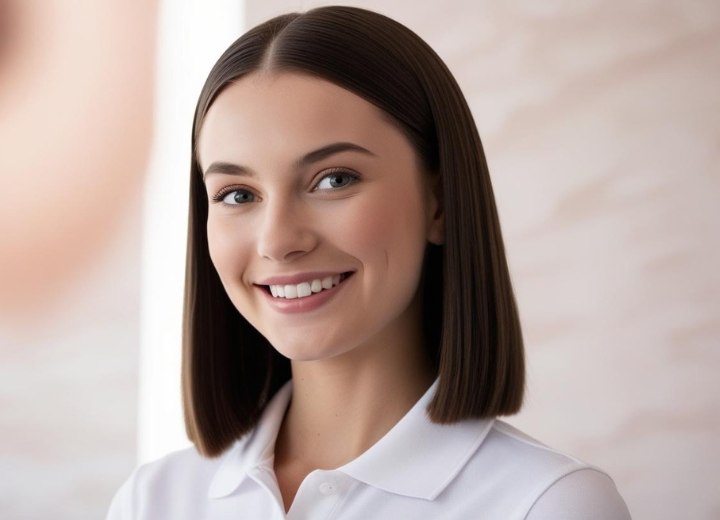 Preppy halflang haar, in een rechte bob geknipt
