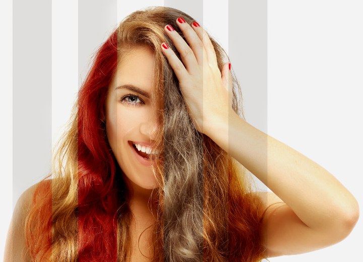 Vrouw met een haarkleur die verandert naar blond, rood en bruin
