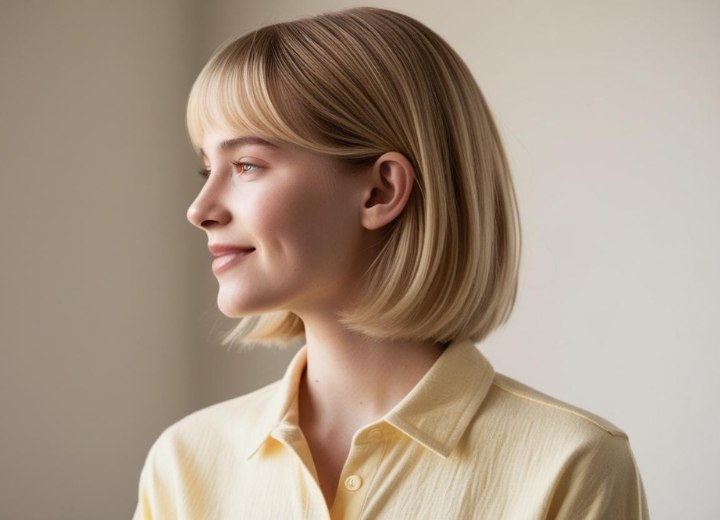 Vrouw met blond haar in een bob geknipt
