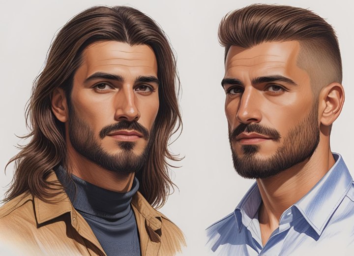 Man met een stoppelbaard, voor en na een lang naar kort haar makeover