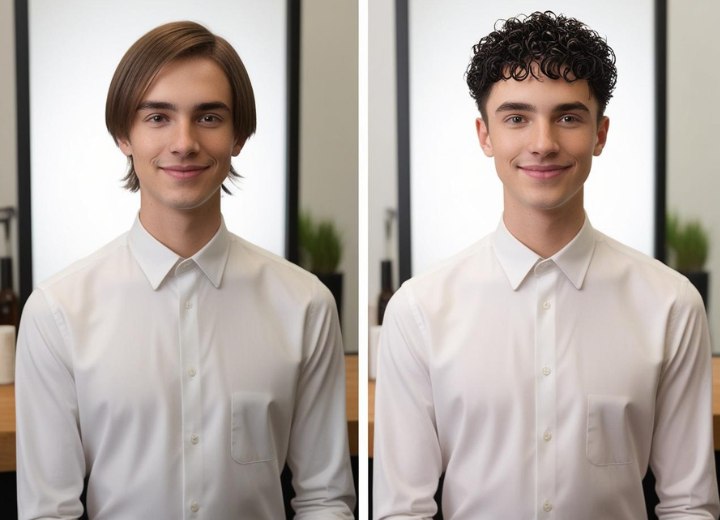 Man met zijn haar voor en na een permanent