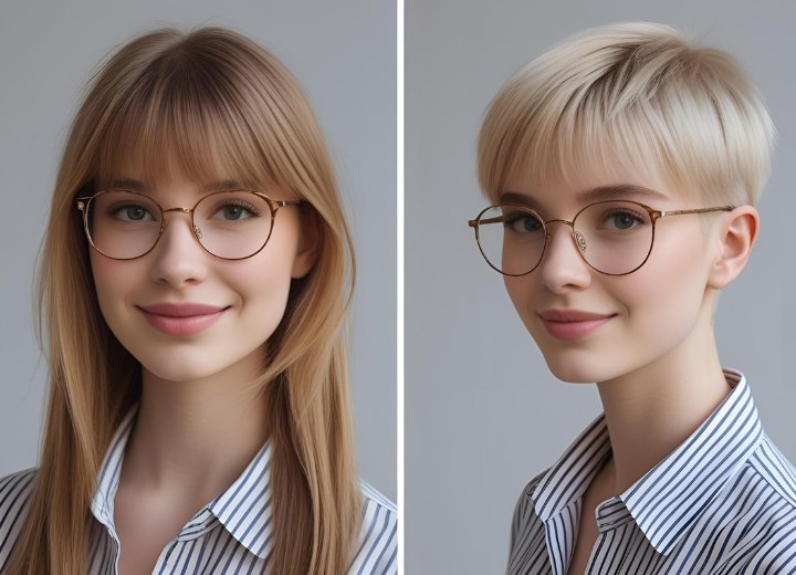 Voor en na, van lang naar kort haar voor een vrouw die een bril draagt