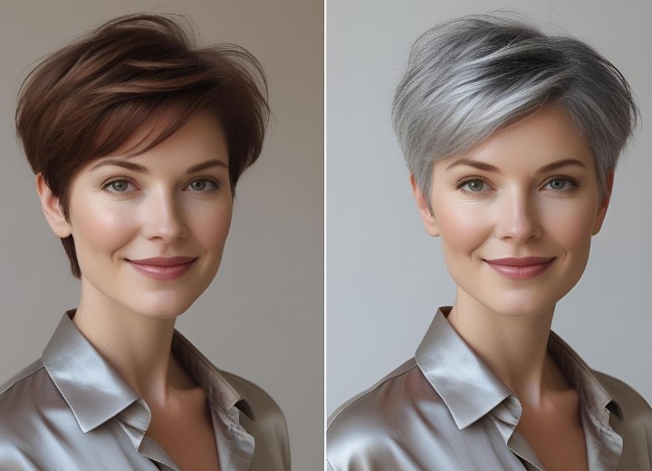 Vrouw met kort haar, voor en na het grijs wordt