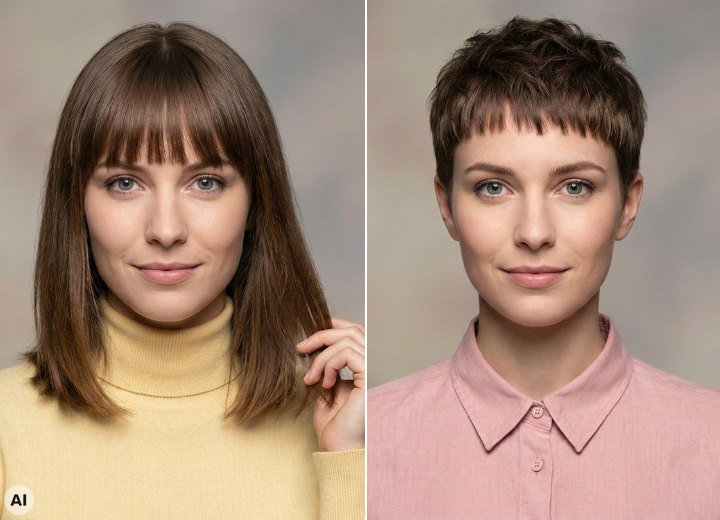 Vrouw, voor en na een make-over van lang naar kort haar