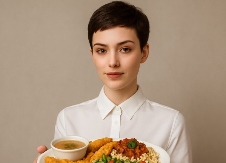 Vrouw met kort haar die eten serveert