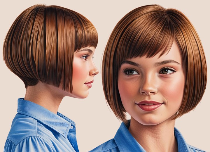 Trendy korte bob die schuin en boven de kraag geknipt is