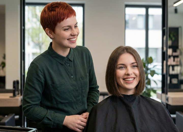 Vrouw in een kapsalon, na een lang haar naar bob makeover
