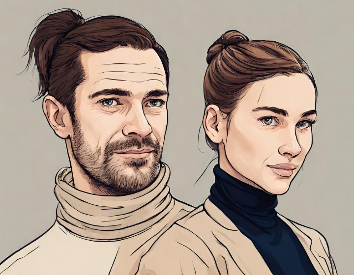 Man en vrouw met hun haar omhoog in een knot