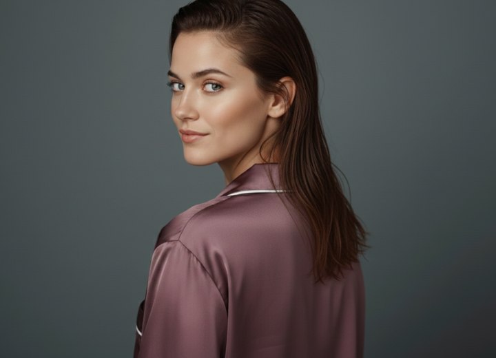 Vrouw met lang nat haar en een zijden pyjama