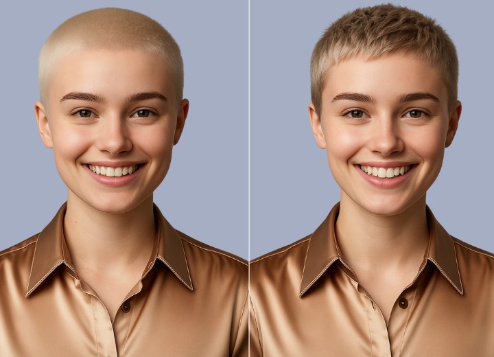 Vrouw met kort afgeschoren en geblondeerd haar