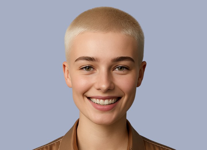 Vrouw met geblondeerd haar in een geschoren buzzcut