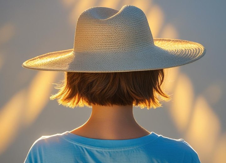 Vrouw die een hoed van stro draagt om haar haren te beschermen tegen de zon