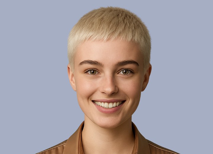 Vrouw met erg kort gebleekt blond haar