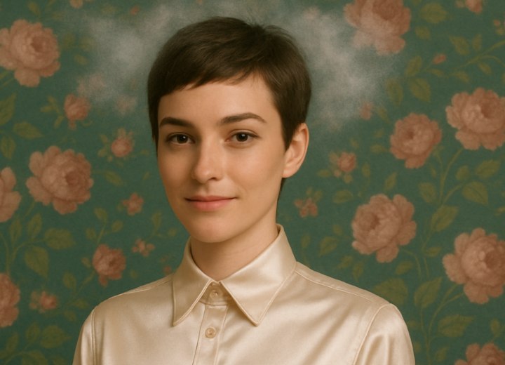 Vrouw met kort haar of een pixie in een mist van parfum