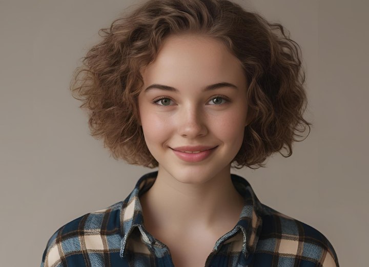 Vrouw met kort krullend haar, na een permanent