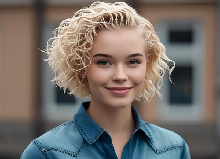 Kort blond krullend haar met een permanent en gel styling