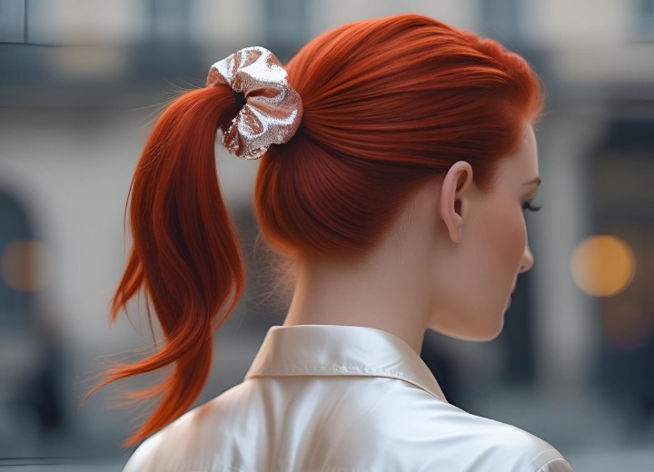 Haar in een paardenstaart met een scrunchie
