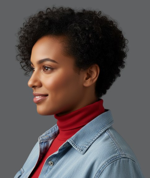 Kort kapsel voor natuurlijk krullend haar - Zijaanzicht