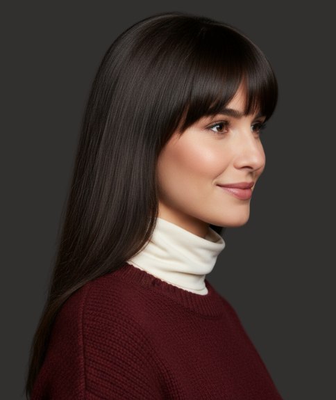 Lang steil kapsel met een pony - Zijaanzicht