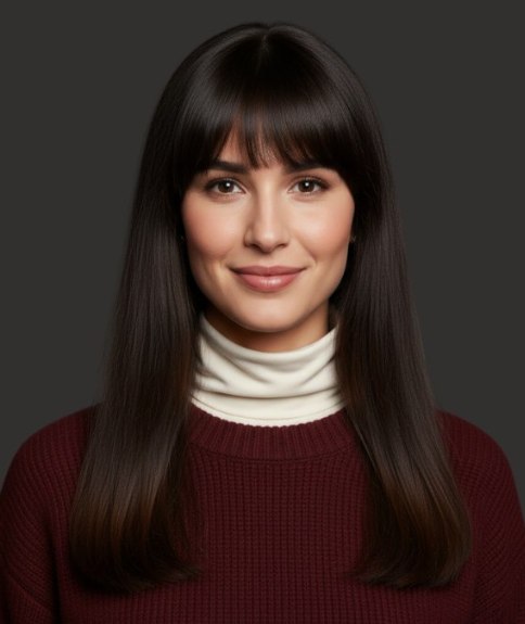 Lang steil haar met een bot geknipte pony