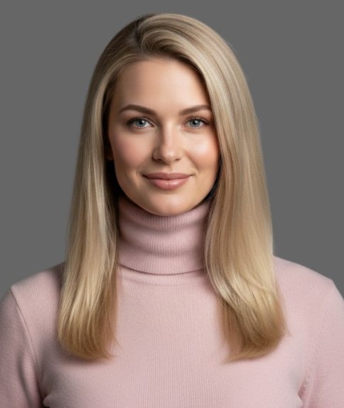 Steil lang kapsel, gecombineerd met een coltrui