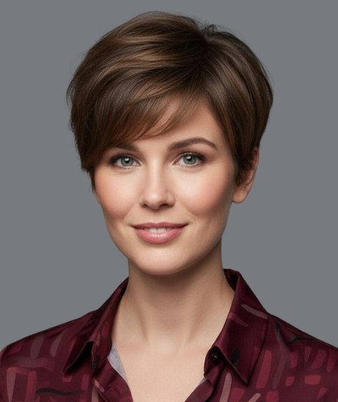 Kort kapsel met een zijdelings vallende pony