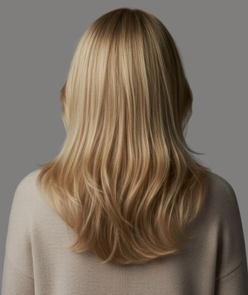 Lang blond haar met goudblonde highlights - Achteraanzicht
