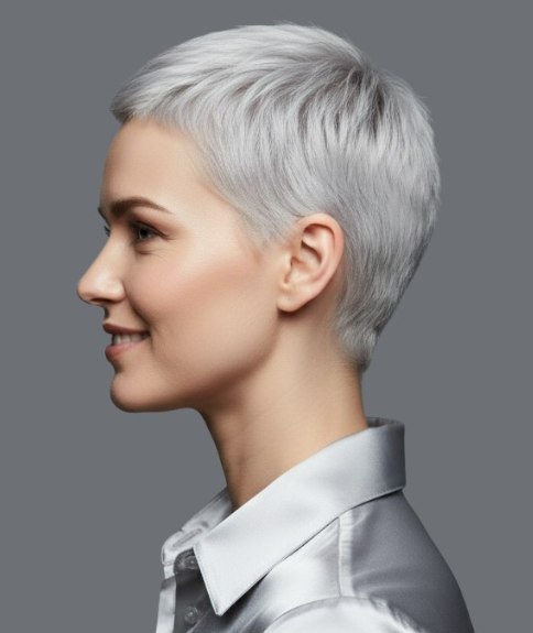 Kort dameskapsel voor grijs haar en een satijnen hemd