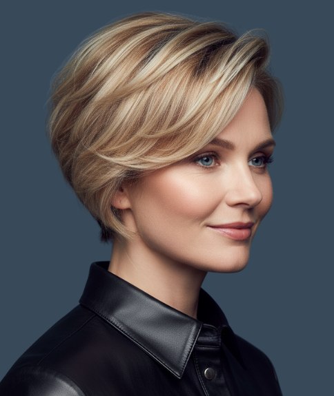 Blonde wedge cut met oplopende lagen in de nek - Zijaanzicht