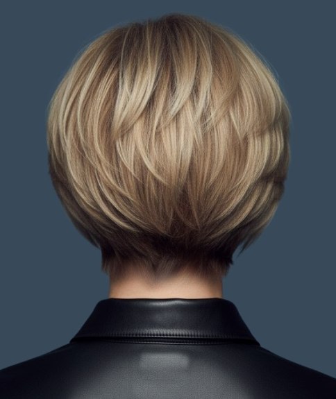 Kort blond haar met highlights en lowlights - Achteraanzicht