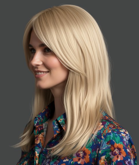 Lang blond haar met lange lagen en gordijnpony - Zijaanzicht