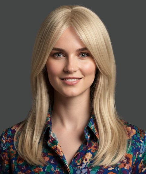 Lang blond kapsel met een pony die in het midden gescheiden is