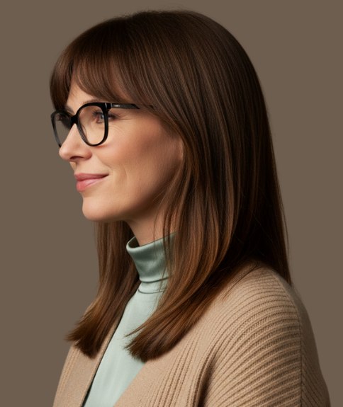 Moderne lange laagjescoupe met een pony - Zijaanzicht