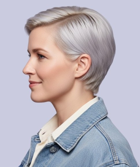 Grijs haar in een korte snit met laagjes - Zijaanzicht