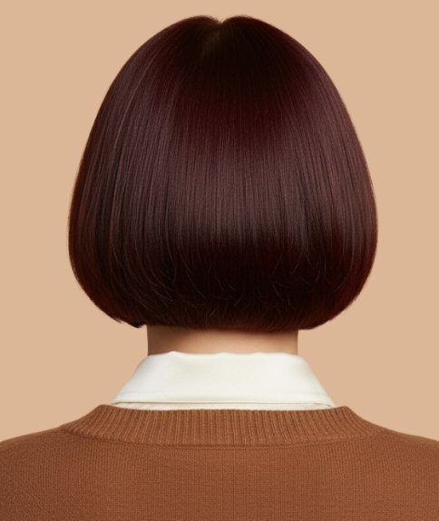 Bruine korte bob met een rechte kniplijn - Achteraanzicht