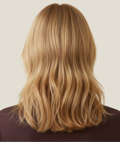 Honingblond haar met highlights and lowlights - Achteraanzicht