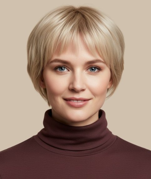 Kort dameskapsel gecombineerd met een coltrui