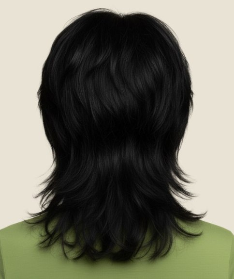 Lang diepzwart haar met lagen - Achteraanzicht