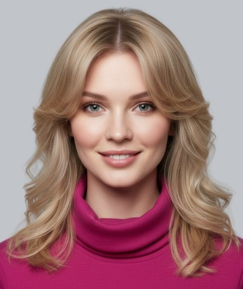 Lang blond haar met volumineuze golven en een gordijnpony