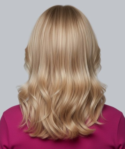 Lang blond haar met highlights en lowlights - Achteraanzicht